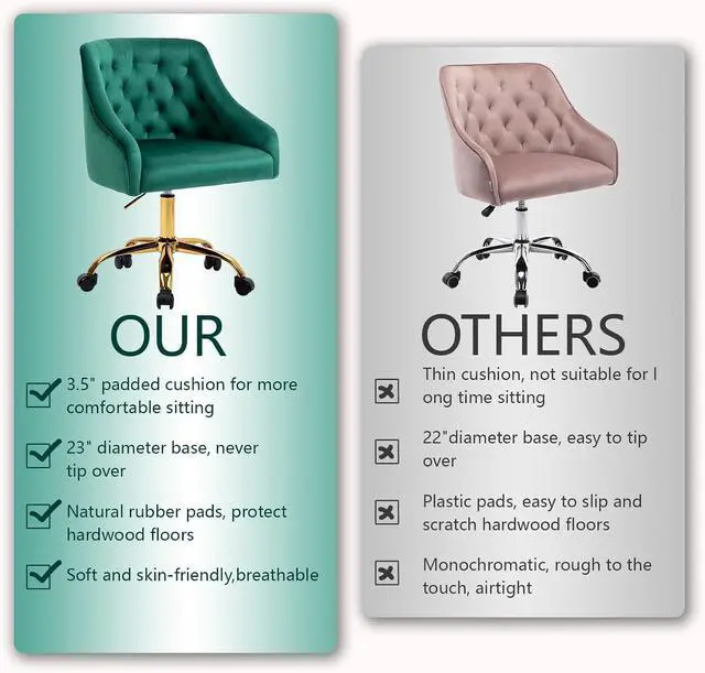 Alt view image 6 of 7 - MOJAY Velvet Office Swivel Chair, Vanity Fabric Desk Pretty Fancy Gold Office Chairs for Girls, 360°Swivel Height Adjustable Reception Chair (Green)