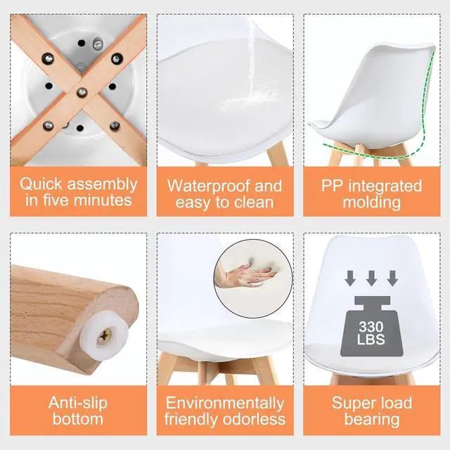 Alt view image 5 of 7 - LSSBOUGHT Mid Century Modern Dining Chairs, Shell Lounge Plastic Desk Chair Side Chair with Soft Padded and Wooden Legs for Dining Room Living Room Bedroom Kitchen Set of 2 (White)