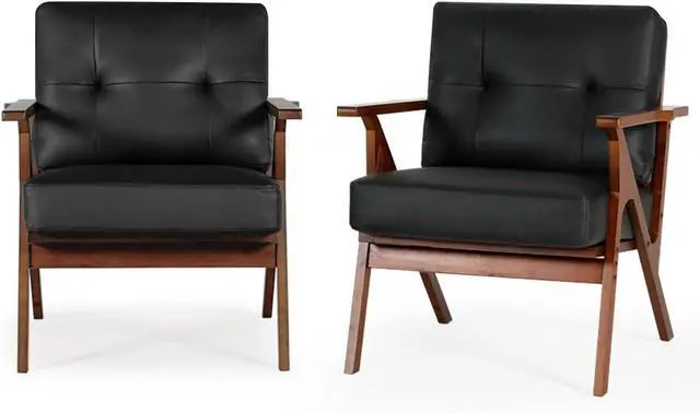 Main image of AODAILIHB Accent Chairs Set of 2, Mid Century Modern Accent Chairs, Retro Wood and Leather Armchairs, Lounge Reading Comfy Arm Chair for Living Room, Bedroom, Studio, Office (2, Black)
