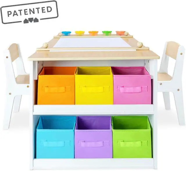 Alt view image 2 of 7 - Milliard 2-in-1 Kids Art Table and Art Easel Table and Chair Set, Toddler Craft and Play Wood Activity Table with Storage Bins and Paper Roll