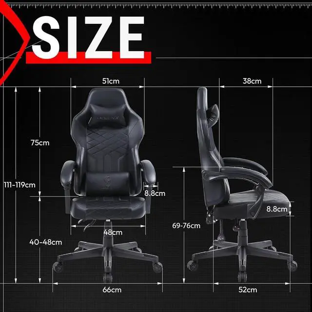 Alt view image 2 of 6 - Dowinx Gaming Chair with Pocket Spring Cushion, Ergonomic Computer Chair High Back, Reclining Game Chair Pu Leather 350LBS, Black