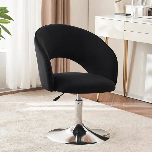 Main image of Furnimart Adjustable Black Vanity Chair with Back, Velvet Makeup Chair Swivel Accent Chair with Chrome Frame Hollow Backrest, Side Chair for Living Room, Makeup Room, Bedroom (Black)