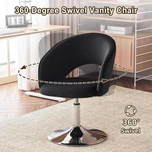 Alt view image 3 of 7 - Furnimart Adjustable Black Vanity Chair with Back, Velvet Makeup Chair Swivel Accent Chair with Chrome Frame Hollow Backrest, Side Chair for Living Room, Makeup Room, Bedroom (Black)