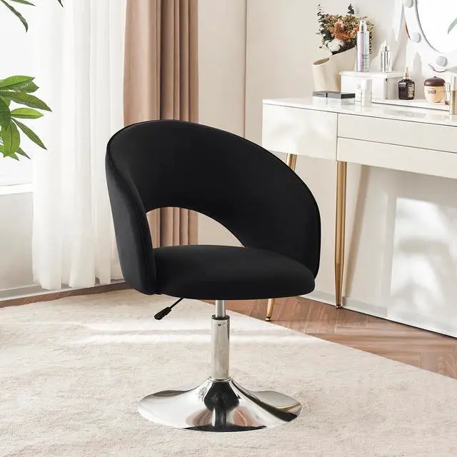 Alt view image 6 of 7 - Furnimart Adjustable Black Vanity Chair with Back, Velvet Makeup Chair Swivel Accent Chair with Chrome Frame Hollow Backrest, Side Chair for Living Room, Makeup Room, Bedroom (Black)