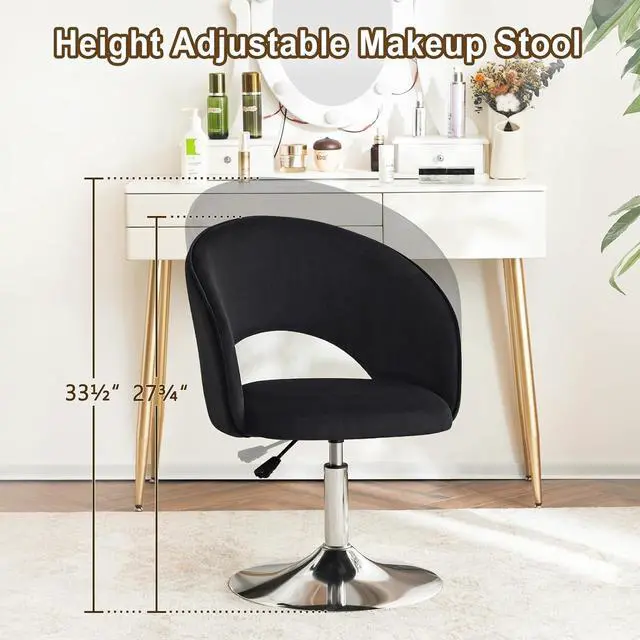 Alt view image 4 of 7 - Furnimart Adjustable Black Vanity Chair with Back, Velvet Makeup Chair Swivel Accent Chair with Chrome Frame Hollow Backrest, Side Chair for Living Room, Makeup Room, Bedroom (Black)