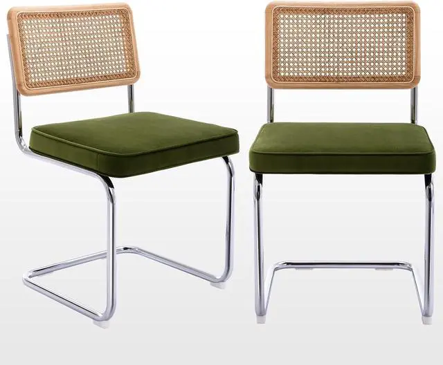 Main image of Zesthouse Natural Rattan Dining Chairs Set of 2, Olive Green Modern Kitchen Chairs with Solid Wood Back & Chrome Base, Mid Century Breuer Design Inspired, Upholstered Velvet Fabric