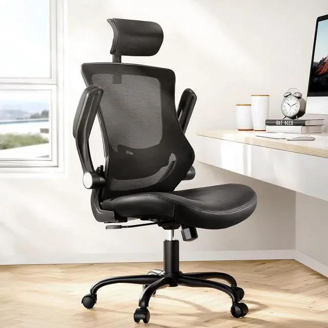 Main image of Marsail Office Chair Ergonomic Desk Chair, 360°Swivel Mesh Back Wide Computer Chair PU Leather Criss Cross Chair,Adjustable Lumbar Support & Flip-up Armrests,Adjustable Height Executive Task Chair