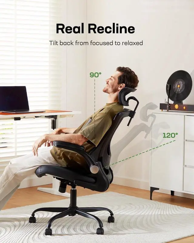 Alt view image 4 of 7 - Marsail Office Chair Ergonomic Desk Chair, 360°Swivel Mesh Back Wide Computer Chair PU Leather Criss Cross Chair,Adjustable Lumbar Support & Flip-up Armrests,Adjustable Height Executive Task Chair