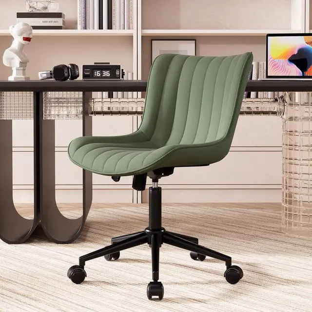 Main image of YOUNIKE Ergonomic Home Office Desk Chair with Wheels Comfy Armless Vanity Chair with Adjustable Back Modern Leather Upholstered Rolling Swivel Small Cute Task Drafting Sewing Chair No Arms Olive Green