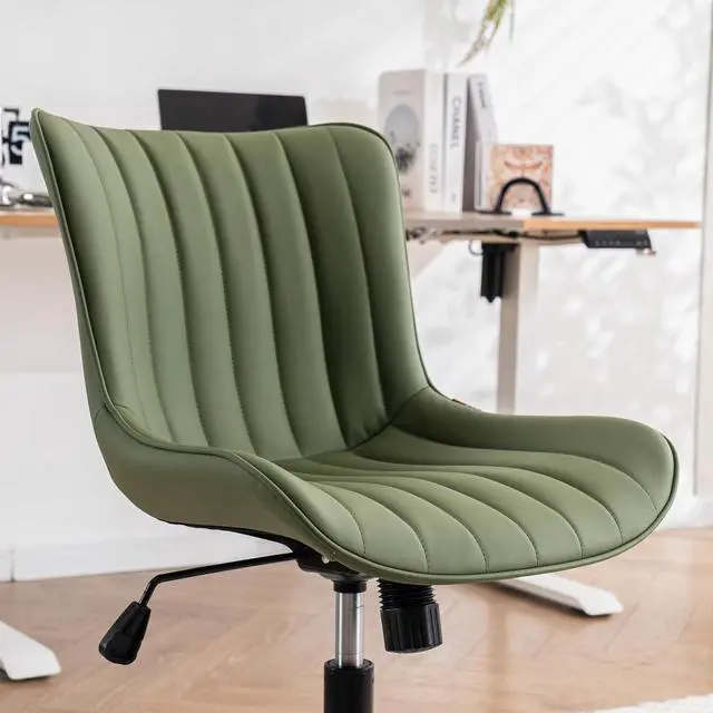 Alt view image 5 of 7 - YOUNIKE Ergonomic Home Office Desk Chair with Wheels Comfy Armless Vanity Chair with Adjustable Back Modern Leather Upholstered Rolling Swivel Small Cute Task Drafting Sewing Chair No Arms Olive Green