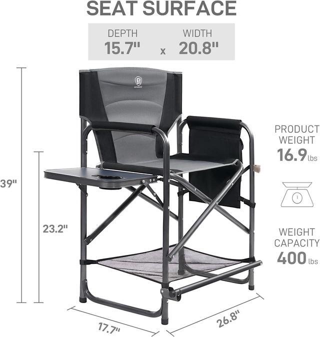 Alt view image 3 of 6 - EVER ADVANCED Medium Tall Directors Chair Foldable Makeup Artist Chair Bar Height with Side Table Cup Holder and Pocket Footrest, Supports 400LBS (Grey, Seat Height: 23.2 inches)