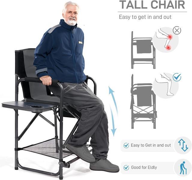 Alt view image 4 of 6 - EVER ADVANCED Medium Tall Directors Chair Foldable Makeup Artist Chair Bar Height with Side Table Cup Holder and Pocket Footrest, Supports 400LBS (Grey, Seat Height: 23.2 inches)