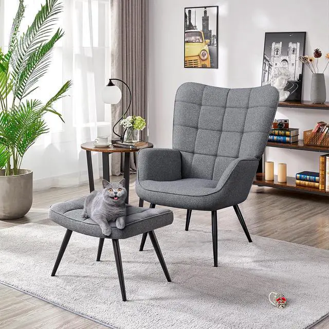 Alt view image 4 of 7 - Topeakmart Accent Chair with Ottoman Set Upholstered Living Room Chair Fabric Arm Chair with Foot Rest Sofa Chair and Ottoman Set for Living Room Bedroom Office Grey
