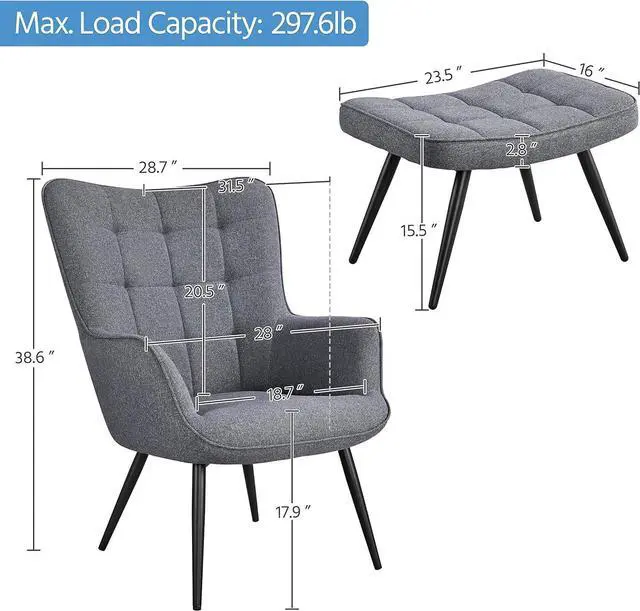 Alt view image 3 of 7 - Topeakmart Accent Chair with Ottoman Set Upholstered Living Room Chair Fabric Arm Chair with Foot Rest Sofa Chair and Ottoman Set for Living Room Bedroom Office Grey