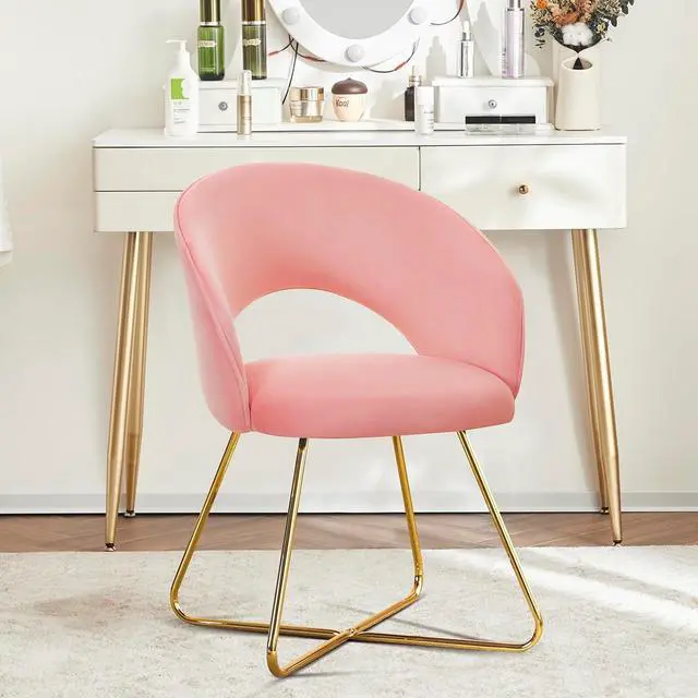 Alt view image 3 of 7 - Furnimart Modern Stylish Upholstered Velvet Accent Papasan Chair, Curved Mid-Back Vanity Chair Leisure Lounge Arm Chairs with Gold Plating Legs for Bedroom Living Room Dining Room (Pink)