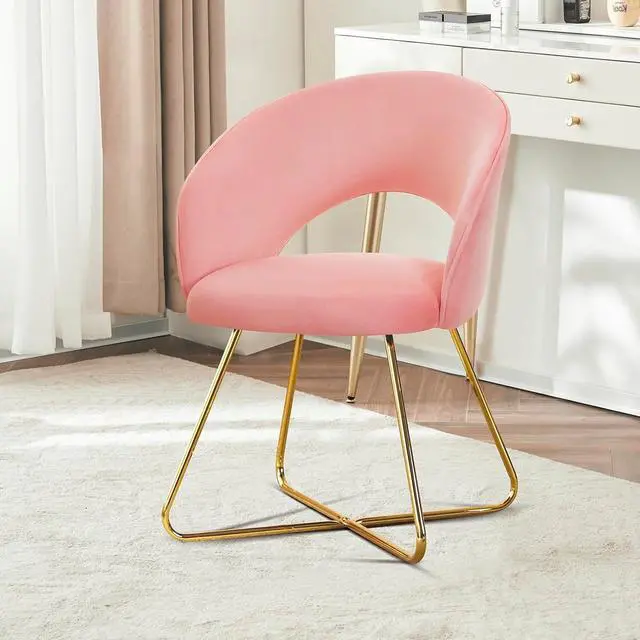 Alt view image 6 of 7 - Furnimart Modern Stylish Upholstered Velvet Accent Papasan Chair, Curved Mid-Back Vanity Chair Leisure Lounge Arm Chairs with Gold Plating Legs for Bedroom Living Room Dining Room (Pink)