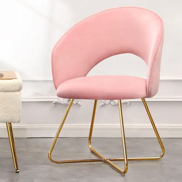 Alt view image 7 of 7 - Furnimart Modern Stylish Upholstered Velvet Accent Papasan Chair, Curved Mid-Back Vanity Chair Leisure Lounge Arm Chairs with Gold Plating Legs for Bedroom Living Room Dining Room (Pink)
