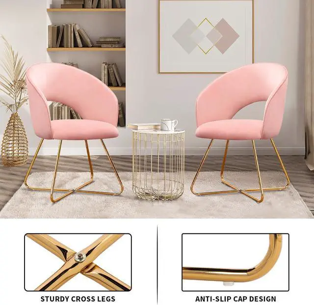 Alt view image 4 of 7 - Furnimart Modern Stylish Upholstered Velvet Accent Papasan Chair, Curved Mid-Back Vanity Chair Leisure Lounge Arm Chairs with Gold Plating Legs for Bedroom Living Room Dining Room (Pink)