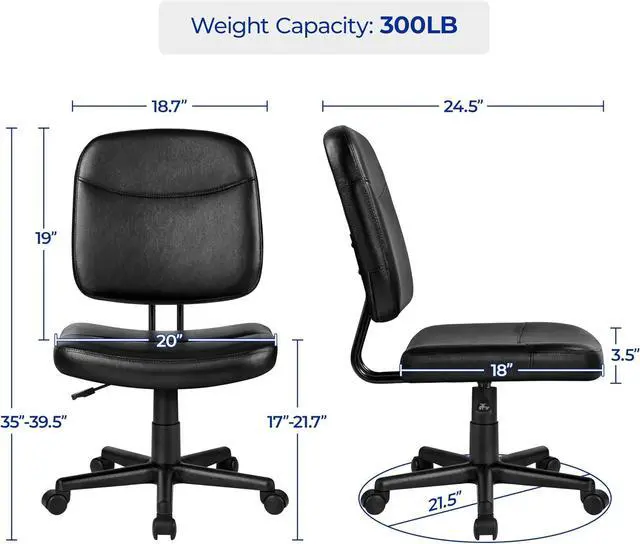 Alt view image 3 of 7 - Yaheetech Armless Office Chair Ergonomic Desk Chair Low Back PU Leather Adjustable Swivel Chair Computer Task Chair, Black