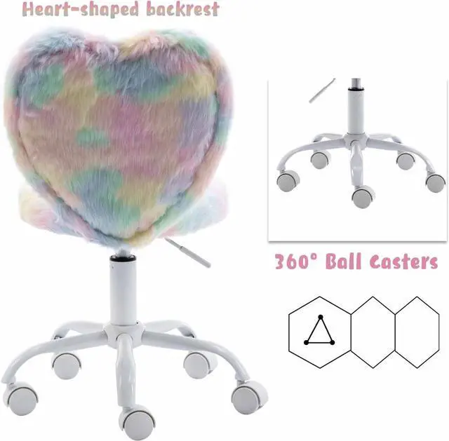 Alt view image 4 of 7 - chairus Kids Desk Chair Faux Fur Small Study Chair for Teenage Girls, Adjustable Heart Shaped Kids Vanity Chair for Bedroom Reading Living Room, Cute Student Task Chair with White Foot, Macaron