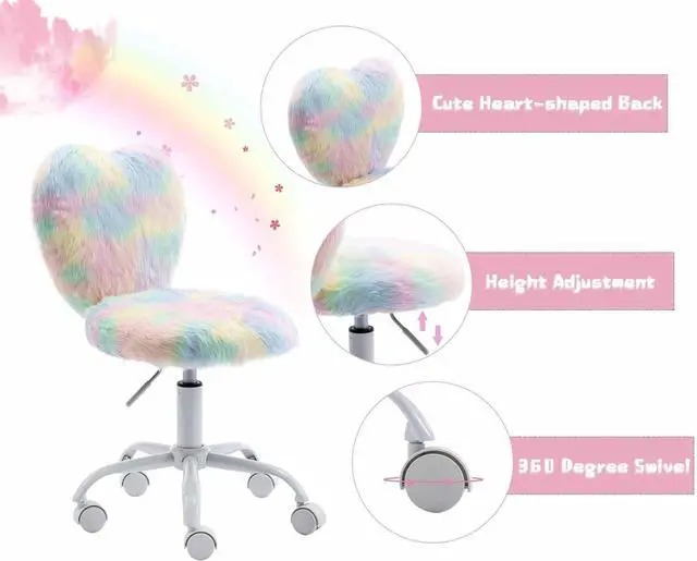 Alt view image 5 of 7 - chairus Kids Desk Chair Faux Fur Small Study Chair for Teenage Girls, Adjustable Heart Shaped Kids Vanity Chair for Bedroom Reading Living Room, Cute Student Task Chair with White Foot, Macaron