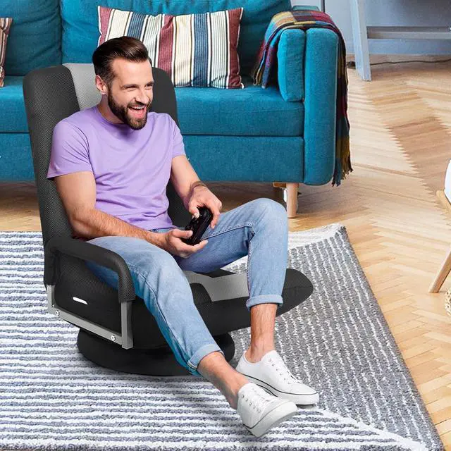 Alt view image 2 of 7 - Giantex Floor Gaming Chair, 360 Degree Swivel Floor Chair with Armrests, 6 Adjustable Position, Padded Backrest, Folding Floor Chair Rocker for Games, Lazy Sofa Lounger, Gaming Chair Floor, Black/Gray