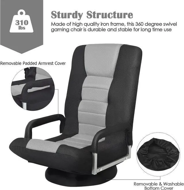 Alt view image 6 of 7 - Giantex Floor Gaming Chair, 360 Degree Swivel Floor Chair with Armrests, 6 Adjustable Position, Padded Backrest, Folding Floor Chair Rocker for Games, Lazy Sofa Lounger, Gaming Chair Floor, Black/Gray