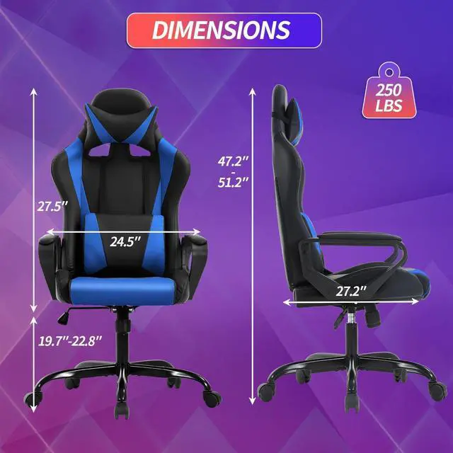 Alt view image 3 of 7 - Gaming Chair, Computer Racing Chair Ergonomic Office Chair Video Game Chairs for Adult Kids Teen Height Adjustable Reclining Chair with Lumbar Support Armrest Headrest Swivel Chair Game Chair, Blue