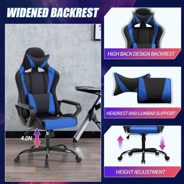 Alt view image 4 of 7 - Gaming Chair, Computer Racing Chair Ergonomic Office Chair Video Game Chairs for Adult Kids Teen Height Adjustable Reclining Chair with Lumbar Support Armrest Headrest Swivel Chair Game Chair, Blue