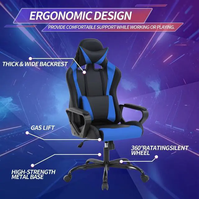Alt view image 5 of 7 - Gaming Chair, Computer Racing Chair Ergonomic Office Chair Video Game Chairs for Adult Kids Teen Height Adjustable Reclining Chair with Lumbar Support Armrest Headrest Swivel Chair Game Chair, Blue