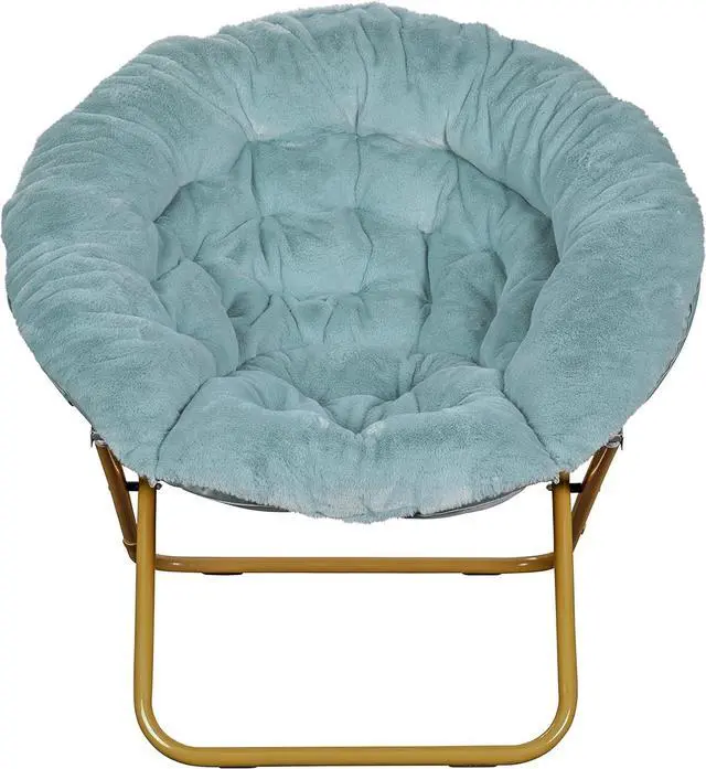 Alt view image 7 of 7 - EMMA + OLIVER Ersa Folding Saucer Chair - Dusty Aqua Faux Fur Cushion - 38" Oversized Design - Metal Frame in Soft Gold - No Assembly - Holds 300 lbs. Static Weight