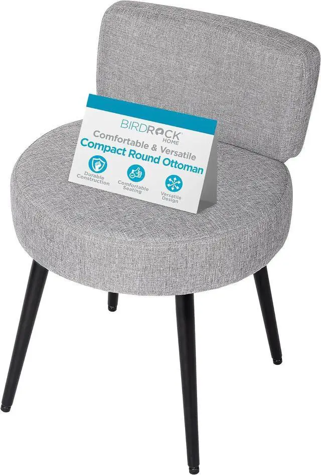Main image of BIRDROCK HOME Linen Chair w/Back - Small Padded Footrest - Compact Round Ottoman Foot Stool - Living Room, Office, Dorm Chair - Upholstered Soft Seating - Black Metal Legs - Couch, Desk, Sofa - Grey