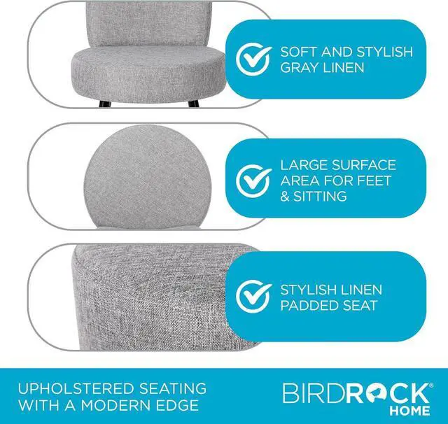 Alt view image 6 of 7 - BIRDROCK HOME Linen Chair w/Back - Small Padded Footrest - Compact Round Ottoman Foot Stool - Living Room, Office, Dorm Chair - Upholstered Soft Seating - Black Metal Legs - Couch, Desk, Sofa - Grey