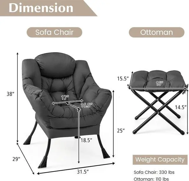 Alt view image 2 of 7 - DORTALA Modern Lazy Chair with Ottoman, Single Sofa Chair w/Side Pocket and Armrests, Soft Upholstered Modern Leisure Chairs Set, Suitable for Living Room, Bedroom, Grey