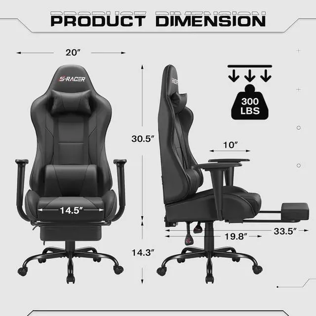 Alt view image 3 of 7 - Homall Gaming Chairs, Computer Chair with Footrest and Massage Lumbar Support, Height Adjustable Game Chair with Headrest and Swivel Seat (Black)