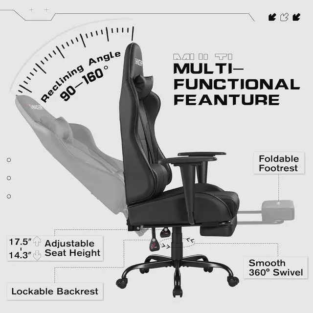 Alt view image 6 of 7 - Homall Gaming Chairs, Computer Chair with Footrest and Massage Lumbar Support, Height Adjustable Game Chair with Headrest and Swivel Seat (Black)