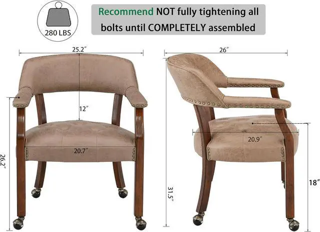Alt view image 2 of 7 - LEEMTORIG Large Dining Chairs with Casters and Arms, Rolling Dining Chairs with Wheels, Solid Wood Office Desk Chairs, 26Dx25.2 Wx31.5H, Cherry Legs & Yellowish Brown Fabric SY-1533-LT