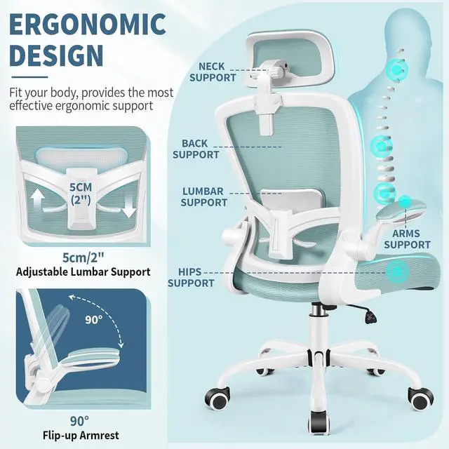 Alt view image 5 of 7 - FelixKing Ergonomic Office Chair, Headrest Desk Chair Office Chair with Adjustable Lumbar Support, Home Office Swivel Task Chair with High Back and Armrest, Adjustable Height Gaming Chair(Light Blue)