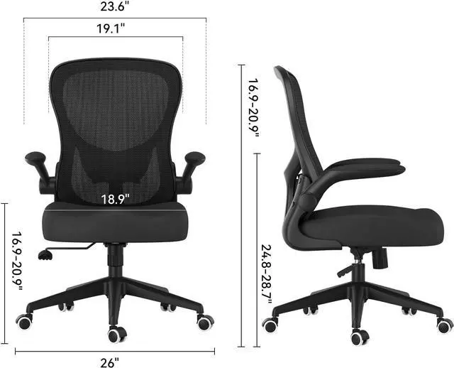 Alt view image 2 of 7 - Hbada Office Chair Ergonomic Desk Chair, Office Chairs with PU Silent Wheels, Breathable Mesh Computer Chair with Adjustable Lumbar Support, Flip-up Armrests, Tilt Function, Black