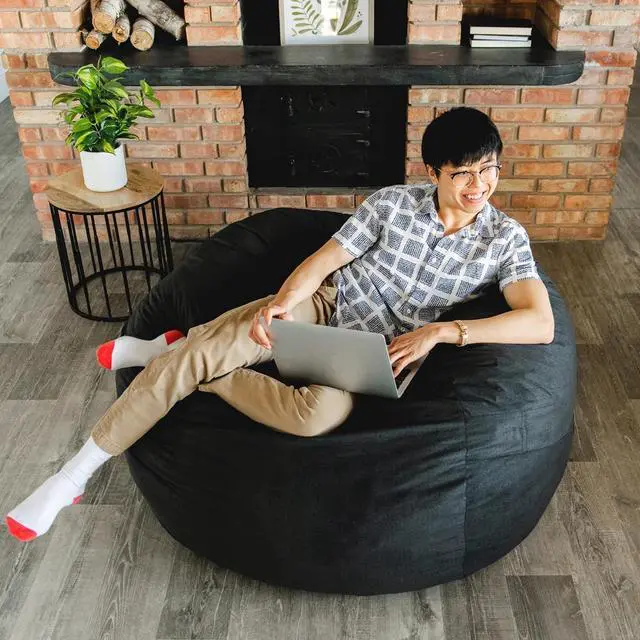 Alt view image 2 of 7 - Big Joe Fuf Large Foam Filled Bean Bag Chair with Removable Cover, Black Lenox, Durable Woven Polyester, 4 feet Big