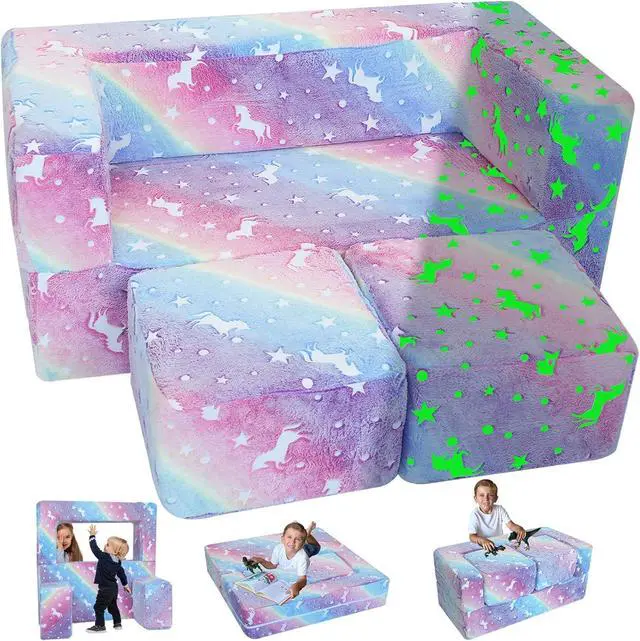 Main image of MeMoreCool Glow in The Dark Kids Couch, Rainbow Fold Out Toddler Sofa, Modular Play Couch for Bedroom and Playroom, Baby Sofa Kids Furniture