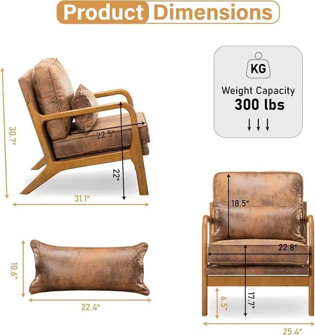 Alt view image 2 of 7 - Accent Chair for Living Room, Mid-Century Modern Upholstered Armchair with Pillow,Reading Arm Chair,Comfy Accent Chair for Bedroom