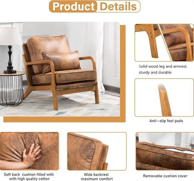 Alt view image 3 of 7 - Accent Chair for Living Room, Mid-Century Modern Upholstered Armchair with Pillow,Reading Arm Chair,Comfy Accent Chair for Bedroom