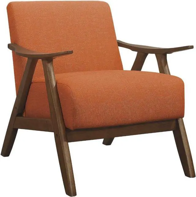 Main image of Lexicon Mid Century Modern Accent Chair with Solid Wood Frame in Walnut Finish, Upholstered Living Room Lounge Arm Chair, Thick and Comfy Innerspring Seat Cushion, Linen-Look Fabric, Orange