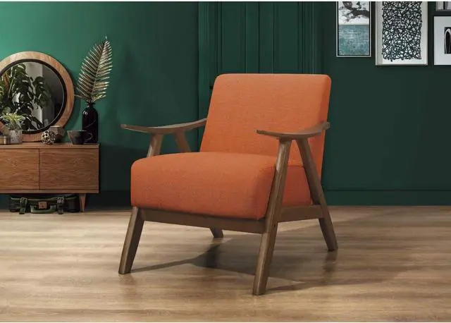 Alt view image 2 of 7 - Lexicon Mid Century Modern Accent Chair with Solid Wood Frame in Walnut Finish, Upholstered Living Room Lounge Arm Chair, Thick and Comfy Innerspring Seat Cushion, Linen-Look Fabric, Orange