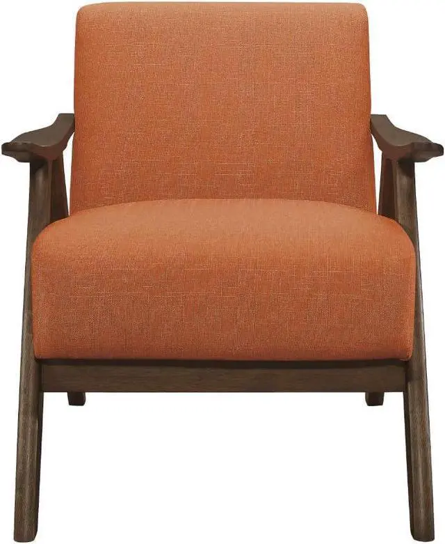 Alt view image 4 of 7 - Lexicon Mid Century Modern Accent Chair with Solid Wood Frame in Walnut Finish, Upholstered Living Room Lounge Arm Chair, Thick and Comfy Innerspring Seat Cushion, Linen-Look Fabric, Orange