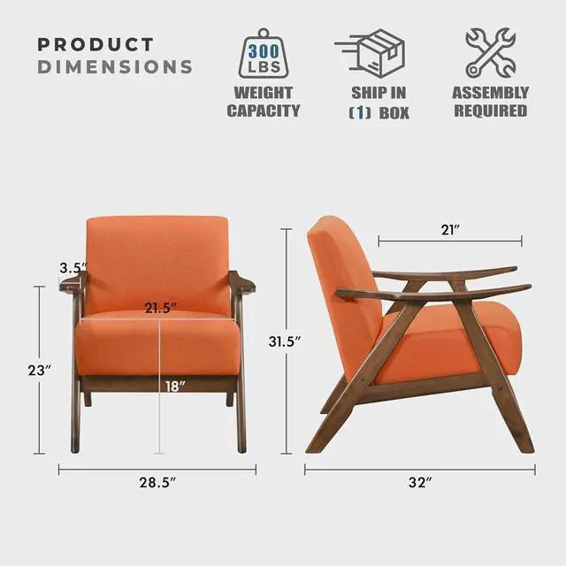 Alt view image 3 of 7 - Lexicon Mid Century Modern Accent Chair with Solid Wood Frame in Walnut Finish, Upholstered Living Room Lounge Arm Chair, Thick and Comfy Innerspring Seat Cushion, Linen-Look Fabric, Orange