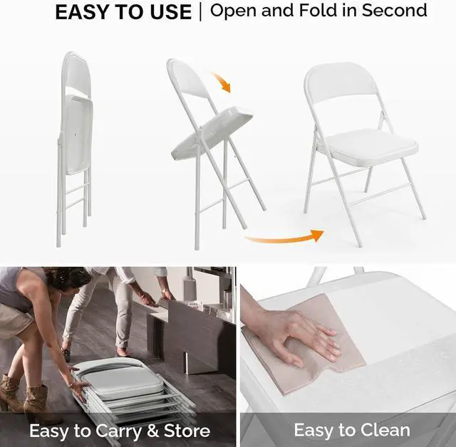 Alt view image 6 of 7 - VINGLI Folding Chairs with Padded Seats, Metal Frame with Pu Leather Seat & Back, Capacity 350 lbs, White, Set of 10