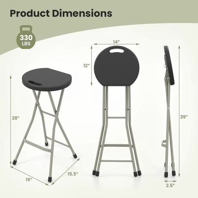 Alt view image 3 of 7 - GYMAX Folding Stool, 28in Portable Collapsible Bar Stool with Handle & Steel Frame, 330lbs Sturdy Foldable Lightweight Metal Chair for Outdoor/Indoor Kitchen Home Bar, Assembly Free (Set of 1, 28inch)