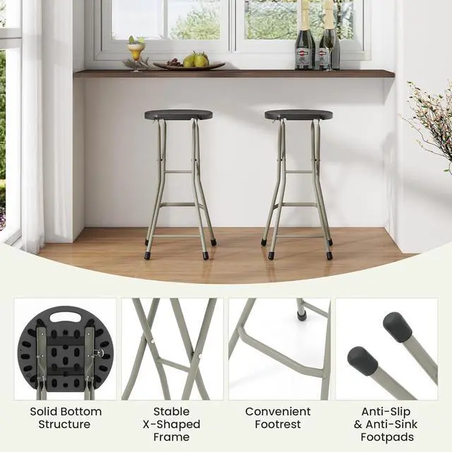 Alt view image 4 of 7 - GYMAX Folding Stool, 28in Portable Collapsible Bar Stool with Handle & Steel Frame, 330lbs Sturdy Foldable Lightweight Metal Chair for Outdoor/Indoor Kitchen Home Bar, Assembly Free (Set of 1, 28inch)